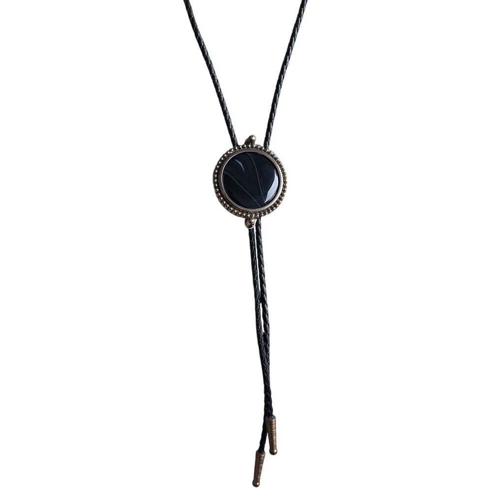 Western Black Leaf Bolo Tie Silver Trim Vintage Cowboy Adjustable 2x2”